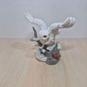 Snowy Owl Figurine with Mouse White Bird on Branch Nature Statue 4.5 Inch